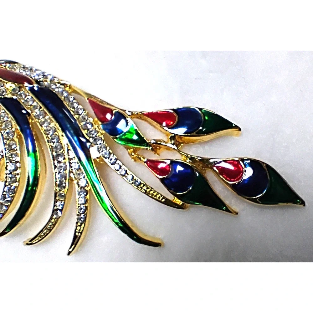 Large Peacock Brooch Pin Rhinestone Enamel Multicolor Statement Bird